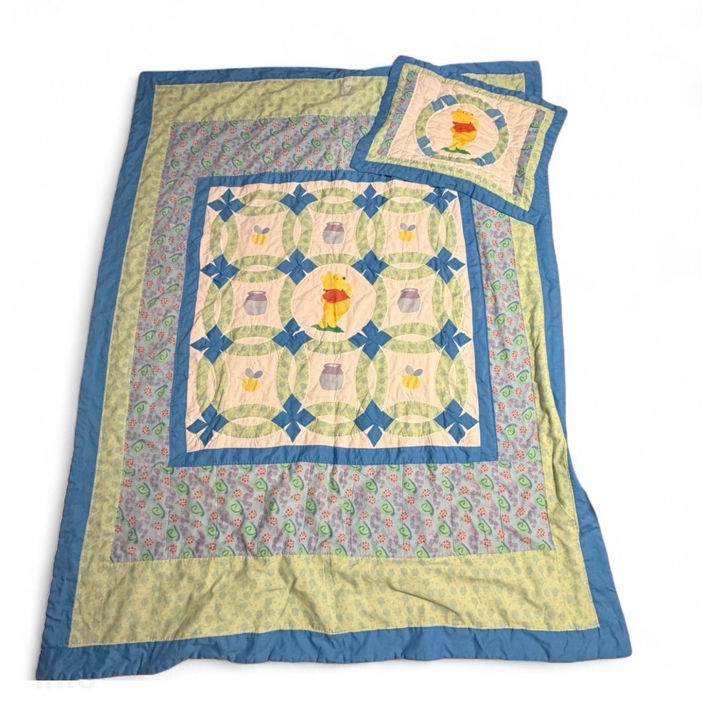 Disney Winnie the Pooh Quilt Full‎ Size Bedding Blue Hunny Bee Ladybug Sham
